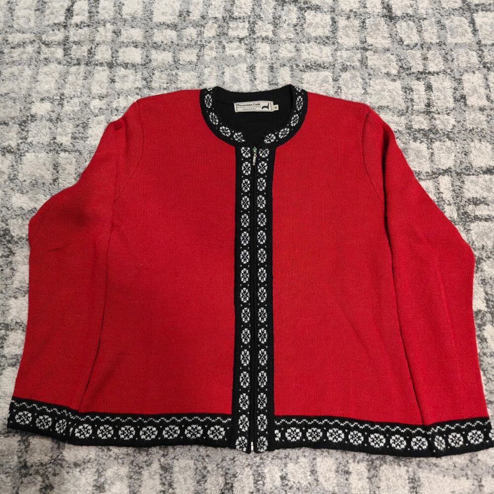 Peruvian Link Alpaca Blend Zip Up Cardigan Sweater Red Nordic Fair Isle M